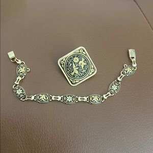Damascene bundle Elegant Black and Gold Bracelet and Brooch Set birds | flowers